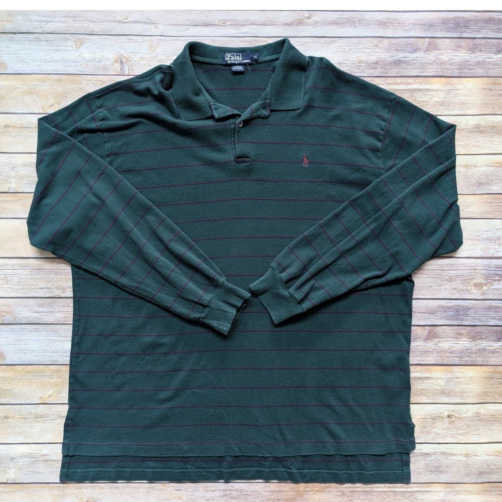 Polo Ralph Lauren XXL Vintage Y2K Green Striped Rugby Shirt Long Sleeve Cotton